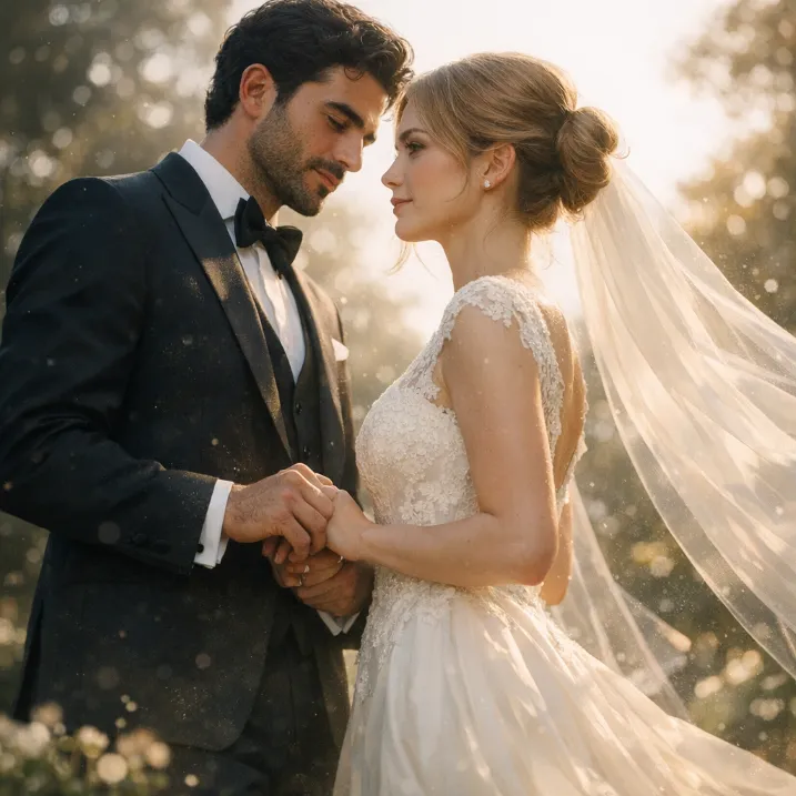 Couple marié dans un jardin — Maison Ambelis