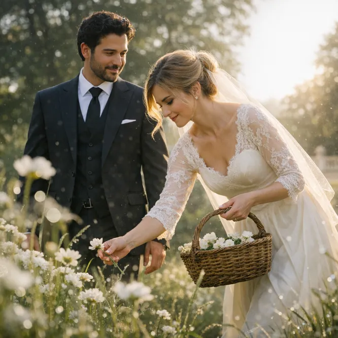 Couple cueillant des fleurs dans un jardin — Maison Ambelis